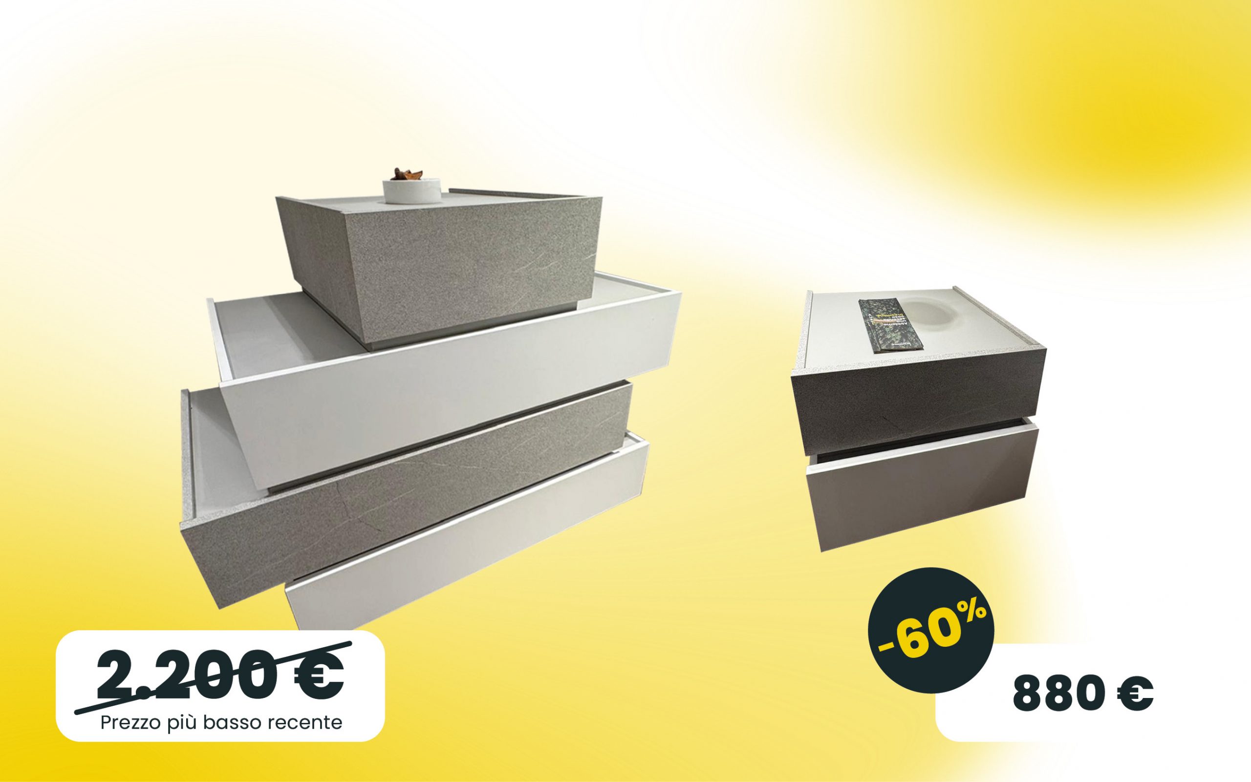 Gruppo notte con comò sfalsato e comodini in Graniglia chiara e bianco